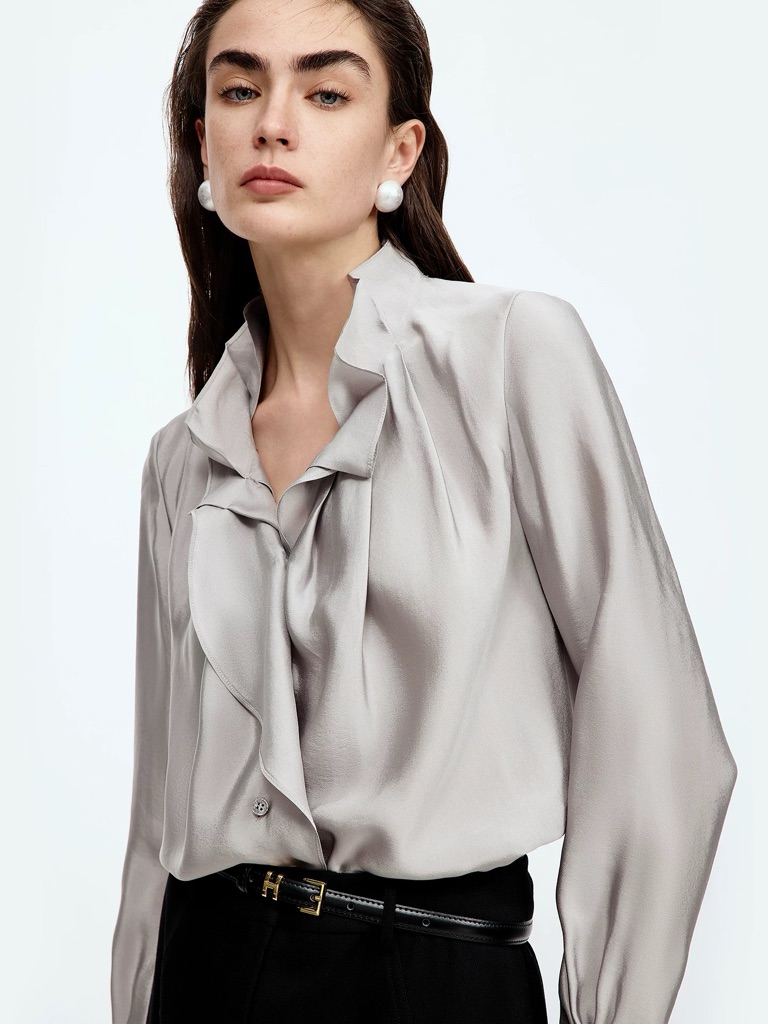 Elegant Grey Ruffle Blouse New, French Style Workwear Top (S)